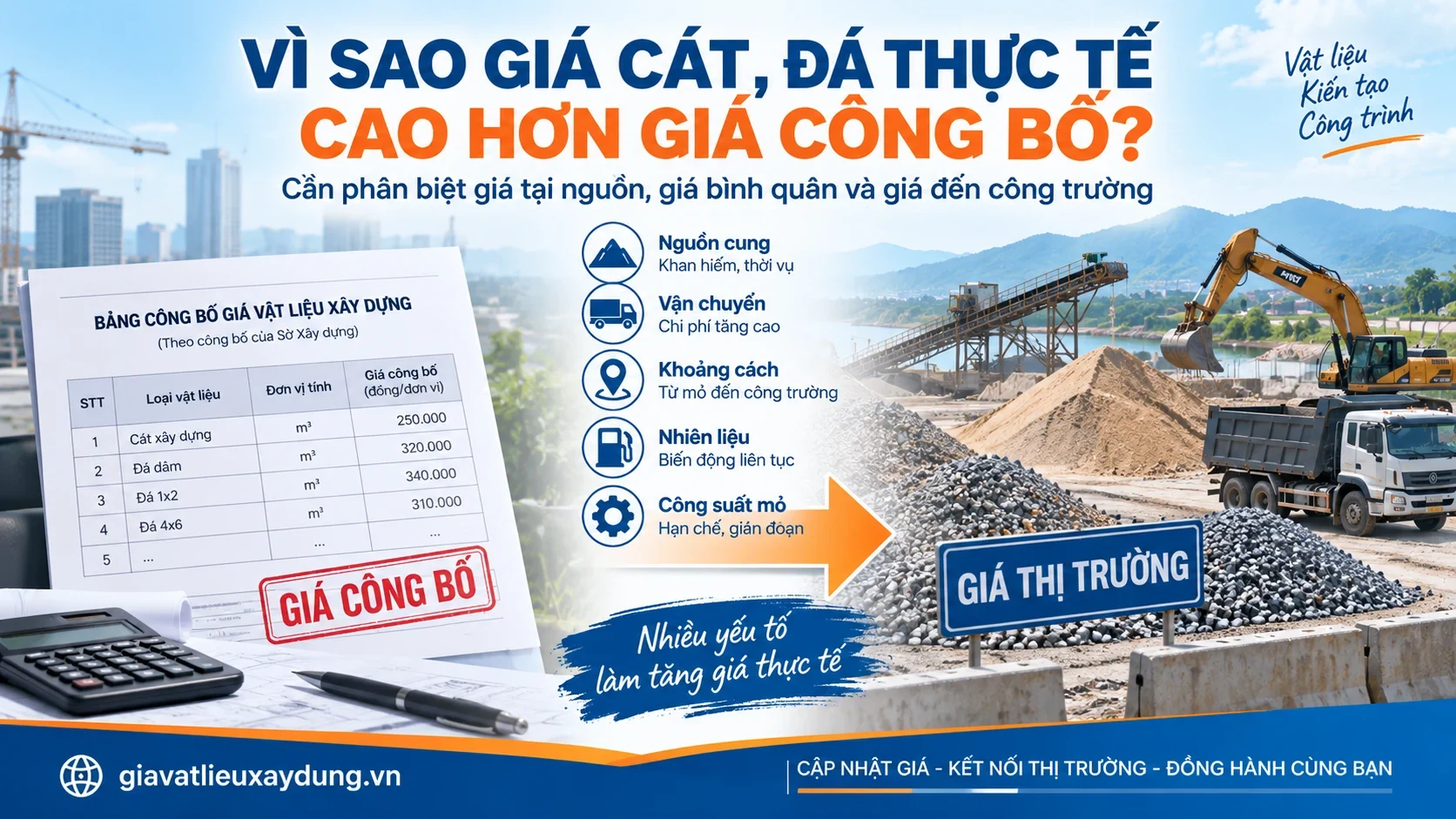 Giá cát đá xây dựng thực tế có thể cao hơn giá Sở Xây dựng công bố do nguồn cung và chi phí vận chuyển